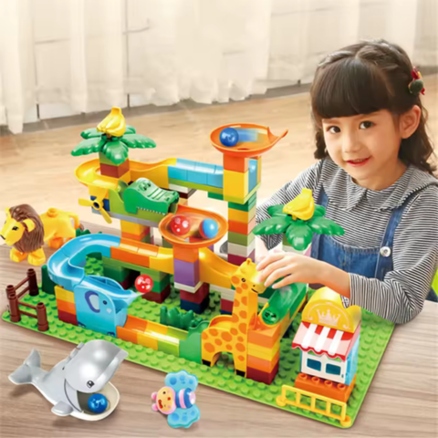 Marble Run Set – Duplo-Compatible Jungle Animal Two-Way Ball Runs Game Feature