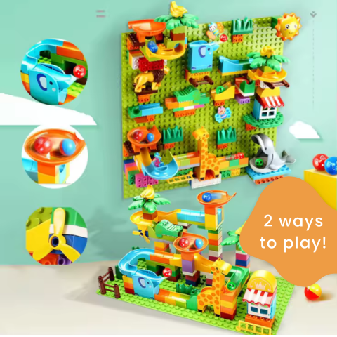 Marble Run Set – Duplo-Compatible Jungle Animal Two-Way Ball Runs Game Two Way