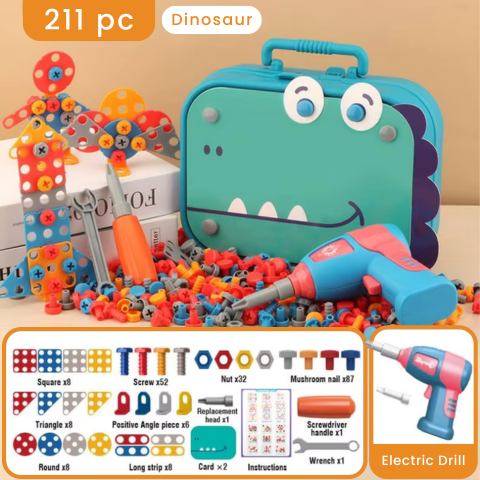 Kids Tool Set with Electric Drill – Builders Toolbox, Screws and Tools Dinosaur 351 pc