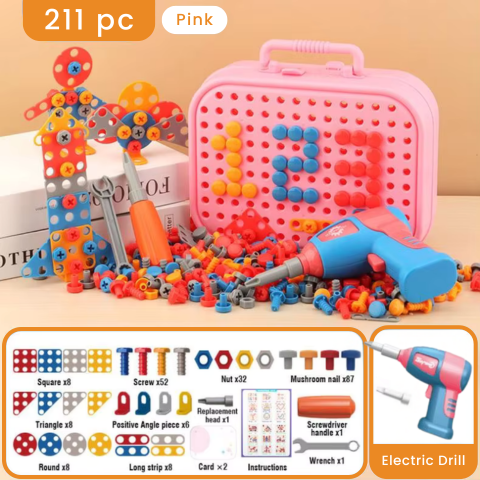 Kids Tool Set with Electric Drill – Builders Toolbox, Screws and Tools Pink 351 pc