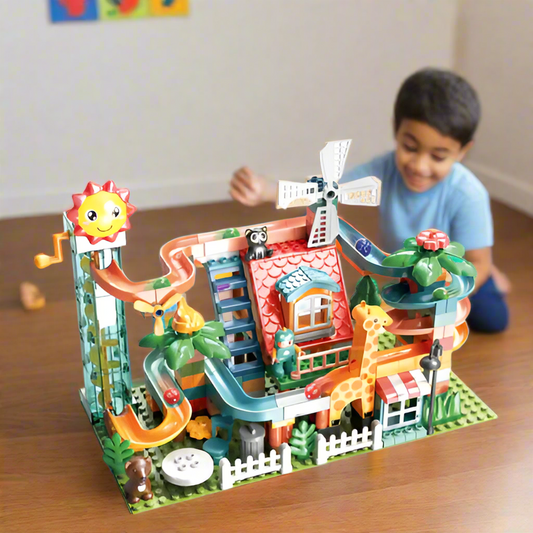 Duplo-Compatible Mechanical Marble Run Toy Set with Electric Ball Lift Feature